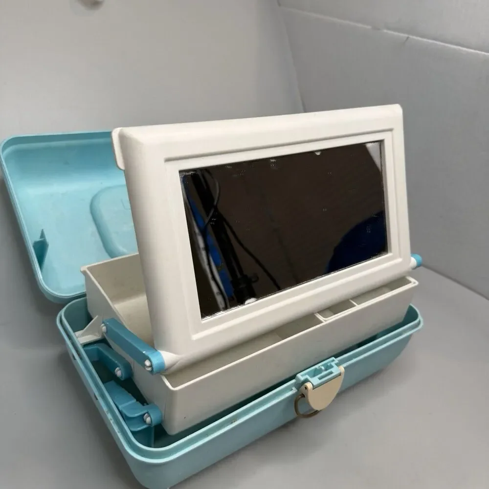 Caboodles Vintage 90s Makeup Case Blue Marble 2 Tier Tray Mirror GUC